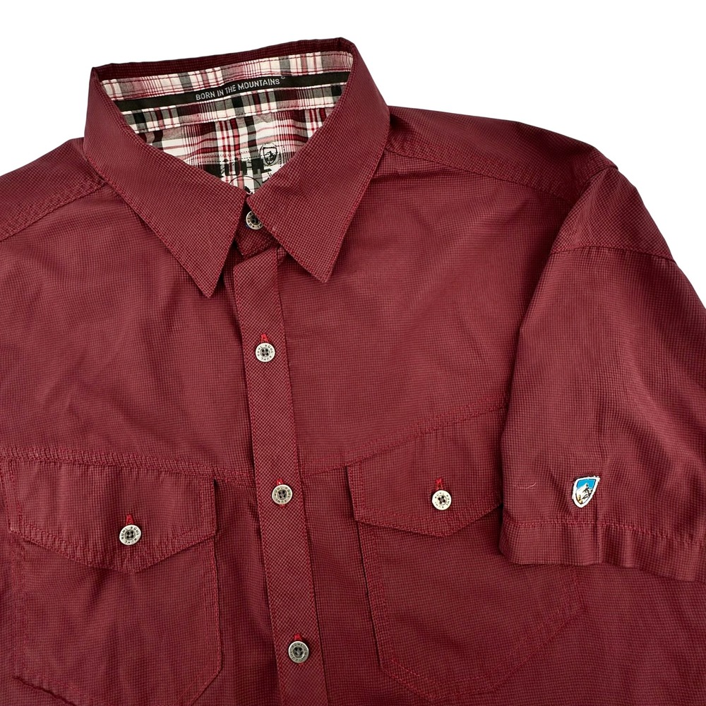 Kuhl Eluxur Mens Small Burgundy Red Micro-Check Short Sleeve Button Down Shirt